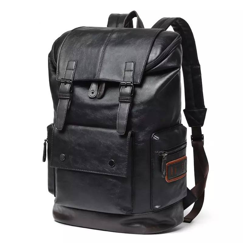 Trendy men's PU leather backpack, simple and large capacity travel backpack, student backpack, computer bag, shoulder bag_voghion.com