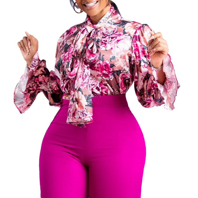 Modne bluzki i koszule z nadrukiem dla kobiet z kołnierzykiem kokardkowym i pełnym rękawem Eleganckie afrykańskie damskie koszule do pracy biznesowej Topy Ubrania_voghion.com