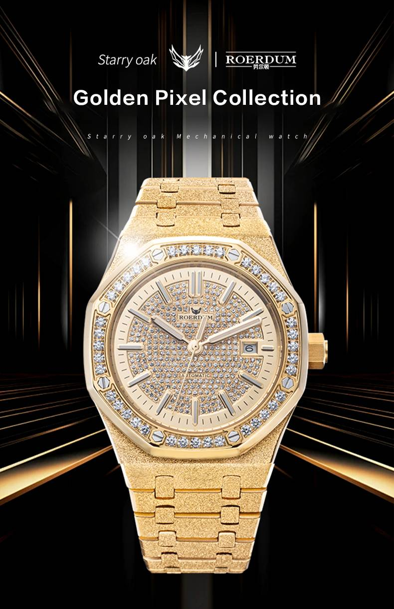 ROERDUM Golden Pixel Collection – Modische, leichte, luxuriöse mechanische Herrenuhr mit goldenem Zifferblatt_voghion.com
