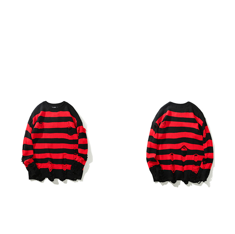 Oversized Distressed Knit Sweater For Men Crewneck Pullover With Striped Color Blocking (Black/Red, Black/White,Black/Yellow, Black/Green, Red/White)_voghion.com