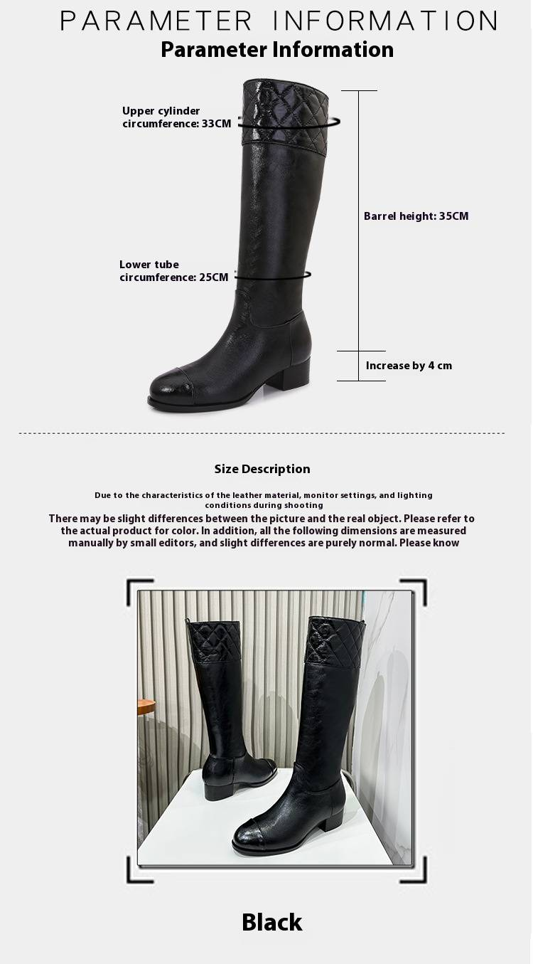 Elegant Chunky Heel Knee High Boots For Women Genuine Leather Riding Boots With Contrast Stitching, Waterproof & Slip-Resistant Comfortable_voghion.com