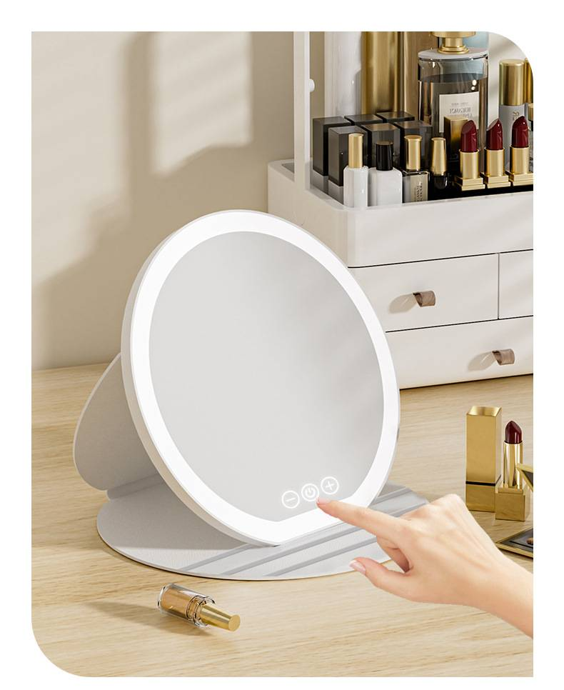3-farbiger LED-Kosmetikspiegel mit Touch-Steuerung – faltbarer Schminkspiegel für Zuhause, Büro und unterwegs (Schwarz/Weiß/Pink, über USB wiederaufladbar, HD-Spiegel)_voghion.com