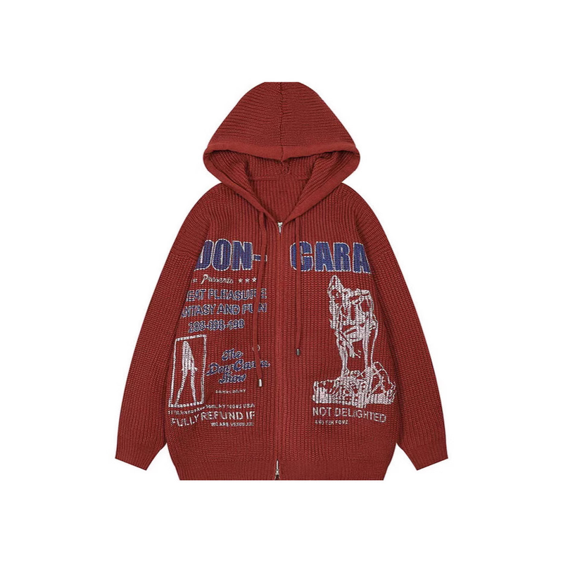 Vintage-Inspired 3d Print Hooded Knit Sweater | Oversized Streetwear Pullover | Soft Viscose Blend | Grey/Black/Red_voghion.com