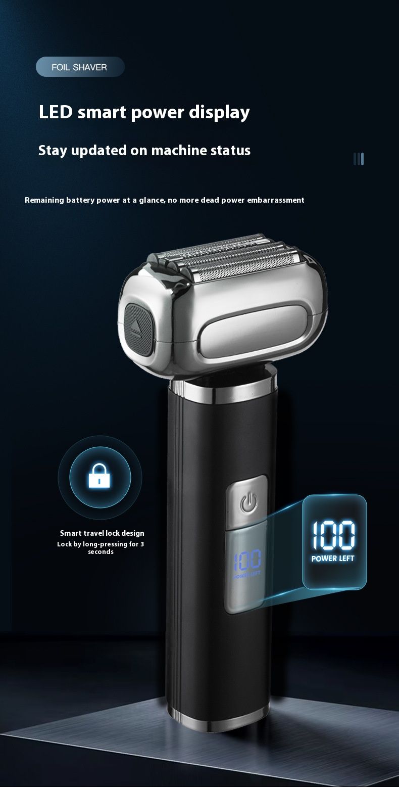 Smart Electric Shaver For Men, LED Display, Wet & Dry Use, 2-Blade Rechargeable Shaver, Low Noise (36dB), Portable Travel Shaver With Floating Heads_voghion.com
