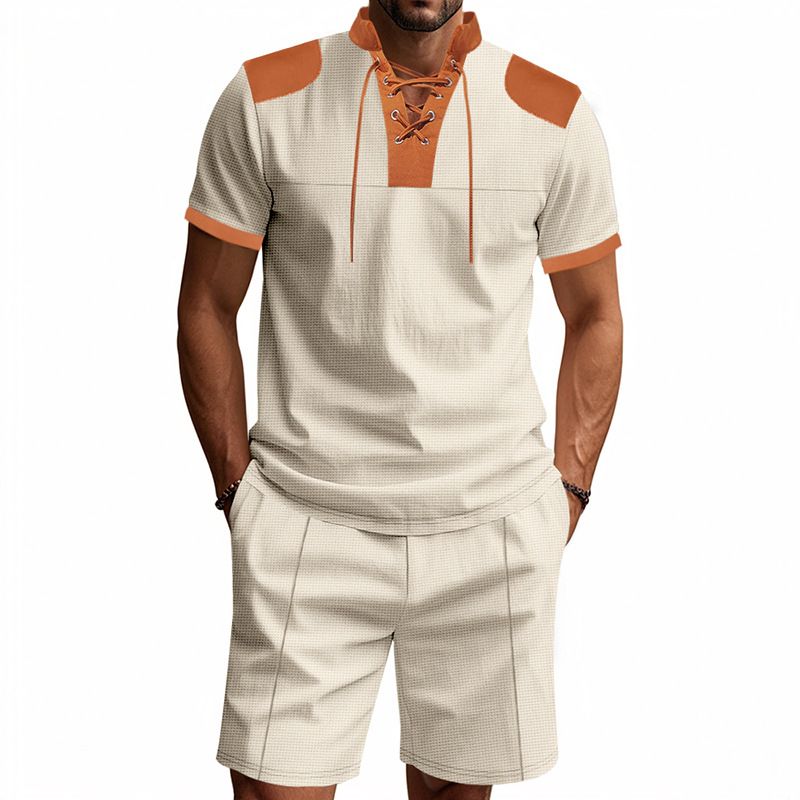 Cross-border Independent Station American Summer Casual Men's Tether Loose Henry Western Denim Waffle Short Sleeve Suit_voghion.com