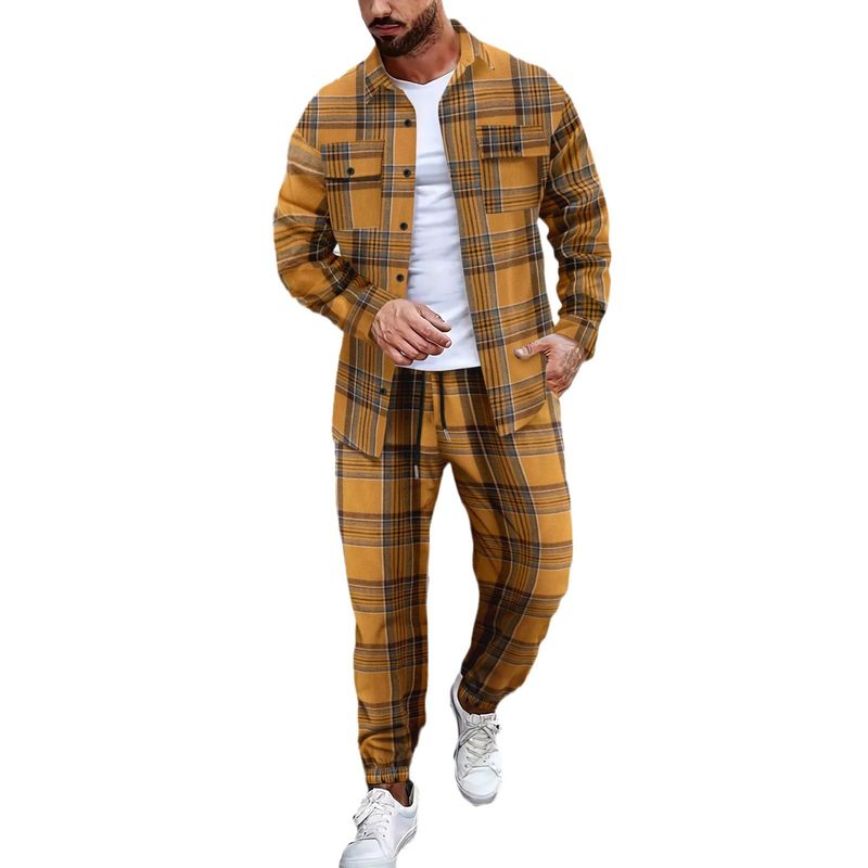 Modieus herfst nieuw heren geruit overhemd met lange mouwen + lange broek sport- en vrijetijdspak_voghion.com