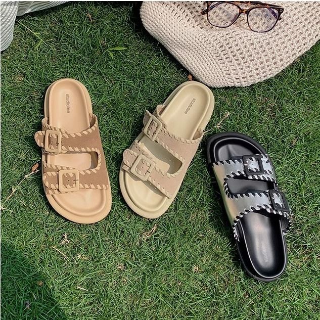 Multifunktionaler, einstufiger, offener Zehenbereich, zweireihiger Halbschuh, dicke Sohle, erhöhter Bokken-Slipper,_voghion.com