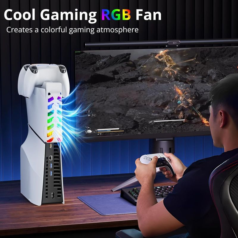 Support de ventilateur 2 en 1 pour PS5 SLIM, chargeur, contrôleur P5, station de charge, refroidissement de la console, éclairage RVB, espace de rangement_voghion.com
