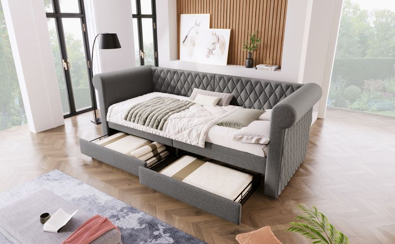 Canapé-lit vintage capitonné 90 x 200 cm, méridienne avec 2 tiroirs de rangement, sommier à lattes en bois, cadre de lit enfant et adolescent, tissu lin, gris (matelas non inclus)_voghion.com