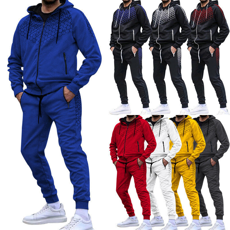 tumn Jaqueta masculina com zíper e capuz, cardigã com estampa de favo de mel, conjunto de calças suéter casual_voghion.com