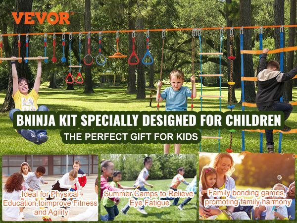 VEVOR Ninja Warrior Obstacle Course For Kids, 2 X 60 Ft Weatherproof Slacklines, 500lbs Weight Capacity Monkey Line, Outdoor Playset Equipment, Backyard Toys Training Equipment Set With 14 Obstacles_voghion.com