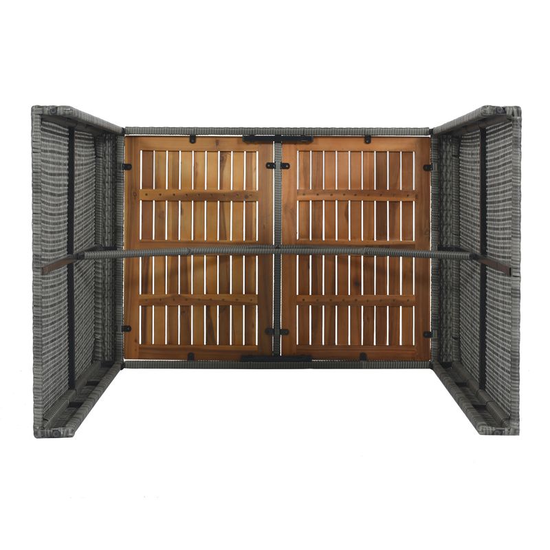 5-pieces Outdoor Patio Wicker Bar Set, Bar Height Chairs With Non-Slip Feet And Fixed Rope, Removable Cushion, Acacia Wood Table Top_voghion.com