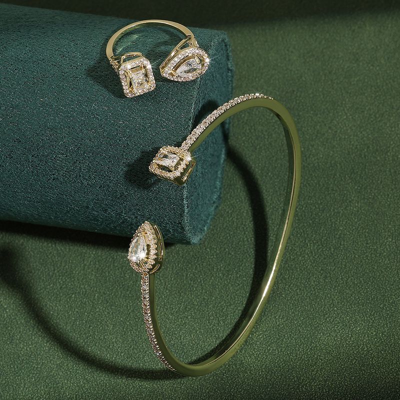 Bijuterii pentru damă, cu capăt deschis, în formă de lacrimă, cu diamante, cu zircon, brățară, inel, set de două piese, cu diamant pătrat de calitate superioară, bijuterii reglabile, bijuterii de mână_voghion.com