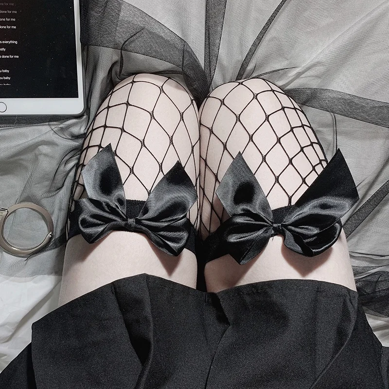 Chaussettes longues au dessus du genou pour femmes et filles, noires et blanches, Sexy, Lolita, nœud papillon, cuisses hautes, bas en résille, gothique, Punk, maille en dentelle_voghion.com