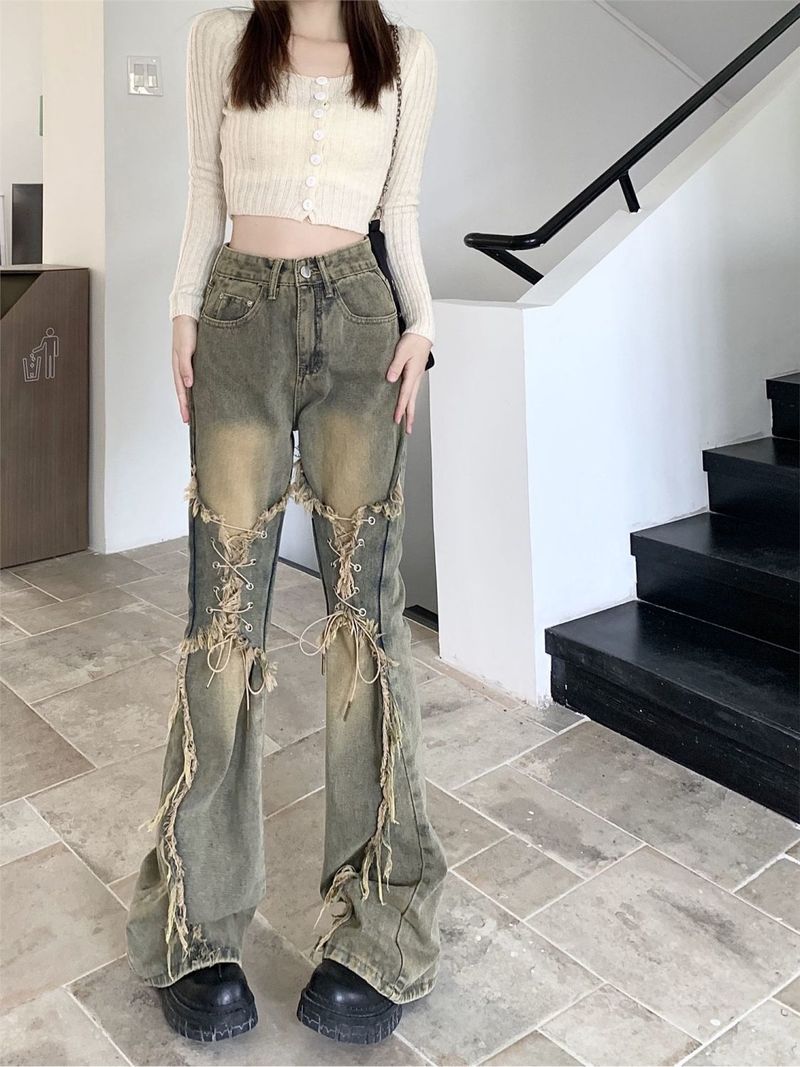 Niche Lace-Up Frayed Design Flared Jeans Women, Sweet And Spicy Style, Straight High Street Pants For Plus Size Women_voghion.com