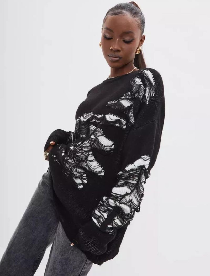 Pull à manches longues style décontracté pour femme, haut tricoté, ample et déchiré_voghion.com