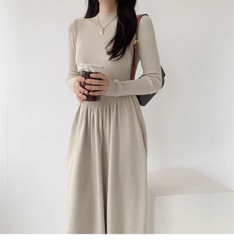 K Hochwertiges Pulloverkleid für Damen, neuer Stil mit Mantel, Basis mit langem Rock, weitem Rock und Taillenbesatz. Keine Halskette und Tasche._voghion.com
