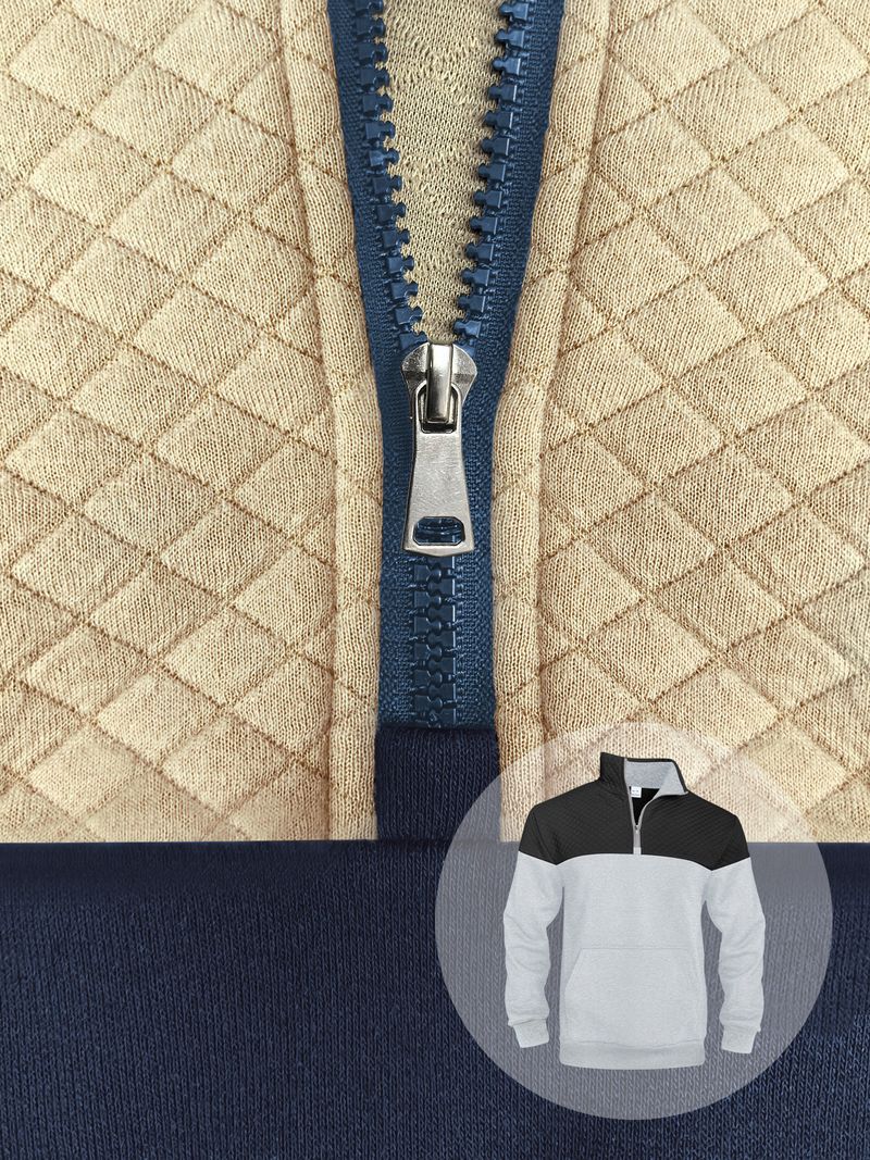 Felpa con cappuccio e zip in maglia a nido d'ape da uomo – Pullover con collo alto e griglia a rombi per esploratori urbani (S-XXXL, 60% poliestere, vestibilità slim, stile retrò)_voghion.com