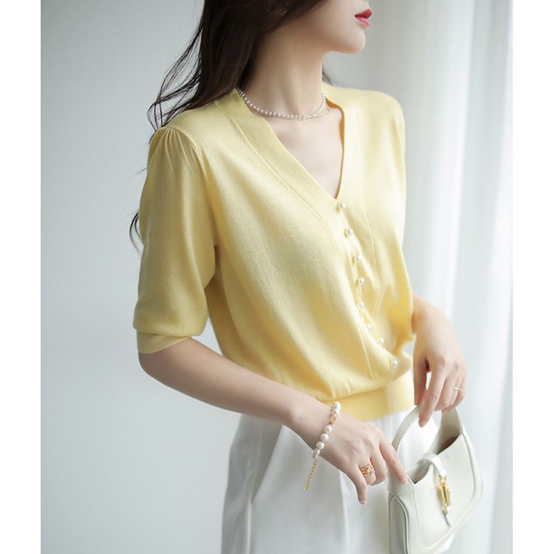 Maglione francese a maniche corte in seta ghiacciata per donna, estivo, nuovo design con bottoni in madreperla, di nicchia, ampio e aderente._voghion.com