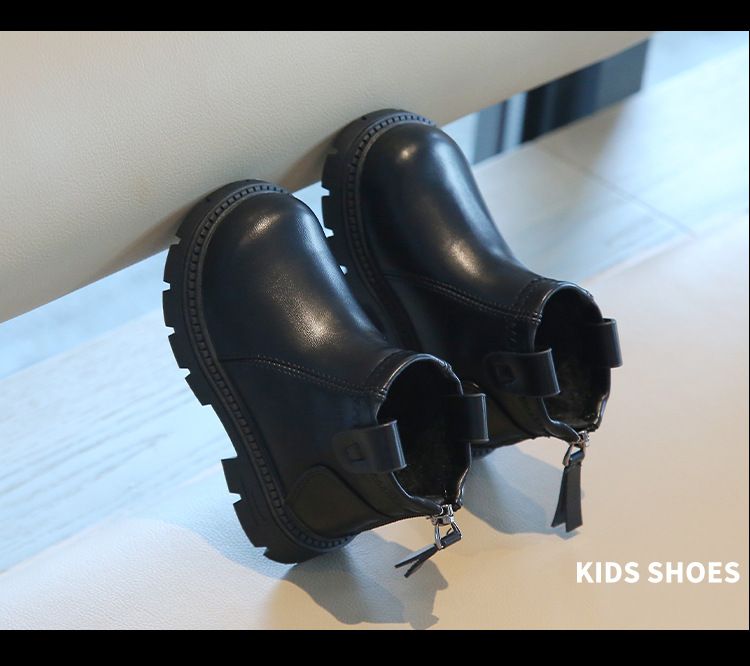 Girls' shoes, solid color short 2024 autumn new item, small and medium-sized children's back zipper cotton boots, baby_voghion.com