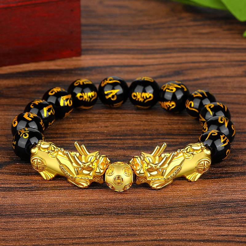 Heren dominante dappere armband Vietnam gouden armband gouden sieraden obsidiaan zes-karakter mantra kralen kleurbehoud_voghion.com