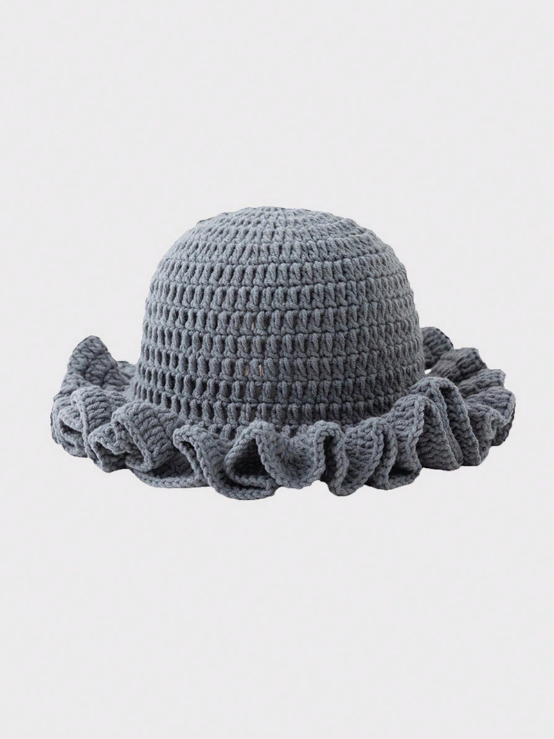 Solid Color Hand Woven Knitted Hat Bohemian Style Hollowed Out Pleated Hat, Bamboo Hat, Ruffled Edge Pullover Hat_voghion.com