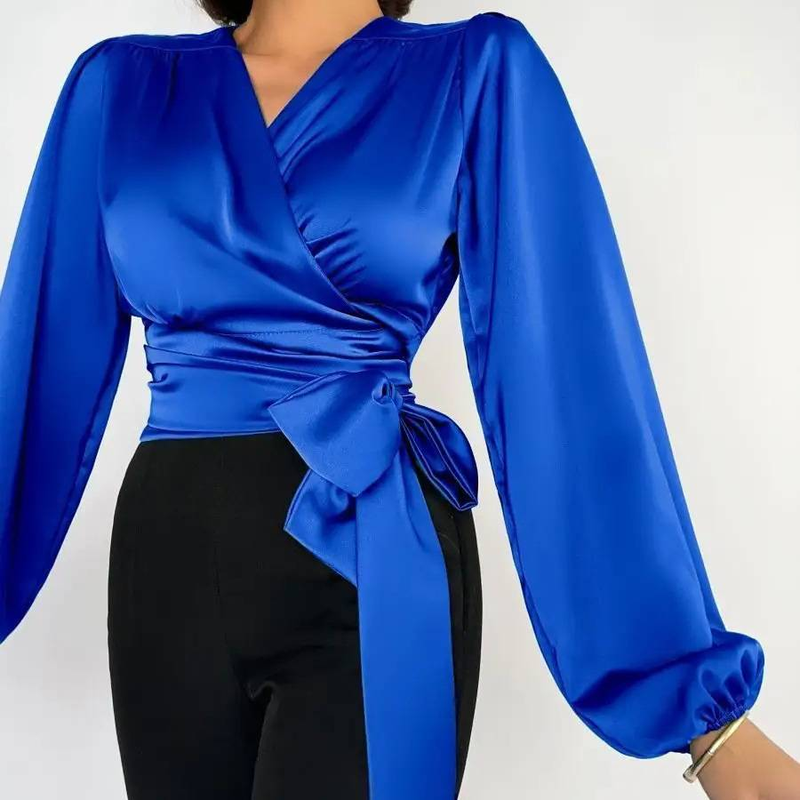 Satin Tie-Front Blouse For Women, Slim Fit V-Neck Long Sleeve Shirt With Adjustable Bow, Elegant Work & Evening Wear In Solid Colors_voghion.com