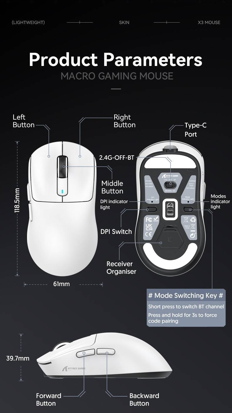 Attack Shark X3 Lightweight Wireless Gaming Mouse With Tri-Mode 2.4G/USB-C Wired/Bluetooth Up To 26K DPI PAW3395 Optical Sensor,5 Programmable Buttons_voghion.com