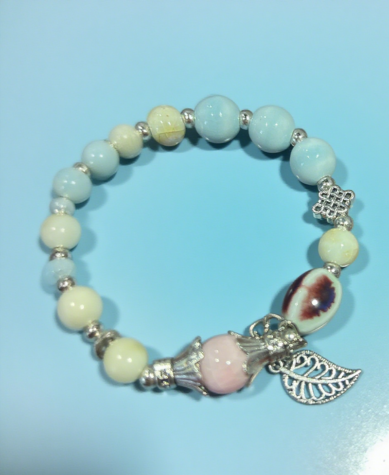 Jingdezhen Artisan - Crafted Ceramic Bead Bracelet, Soft - Hued Accessory With Delicate Leaf Charm For Everyday Wear & Presents_voghion.com