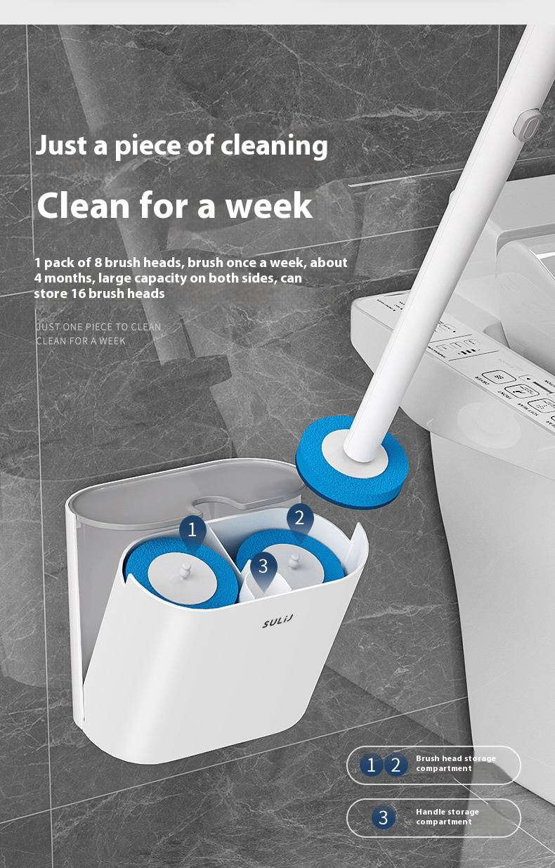 Disposable Toilet Brush With 16 Replaceable Heads – Wall-Mounted, Hygienic Cleaning Tool, Plastic Handle (Single/Double Holder Options)_voghion.com
