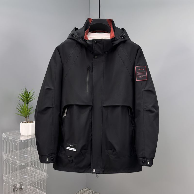 Detachable Hood Utility Jacket For Men – Lightweight & Water-Resistant Workwear Coat With Side Pockets (Black/Angola Red, 5XL-11XL)_voghion.com