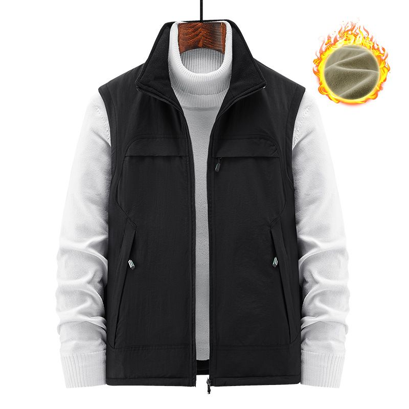 Colete masculino reversível com gola alta, jaqueta sem mangas forrada com lã, peça ideal para usar em camadas em atividades esportivas ao ar livre, com vários bolsos._voghion.com