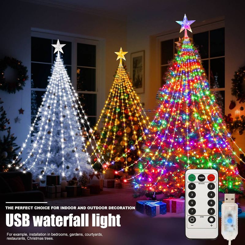 Holiday Lighting Smart Bluetooth Five Pointed Star Waterfall Light 3.6m Christmas Decoration Hanging Tree Trailer Light LED Starry Sky Flowing Water_voghion.com
