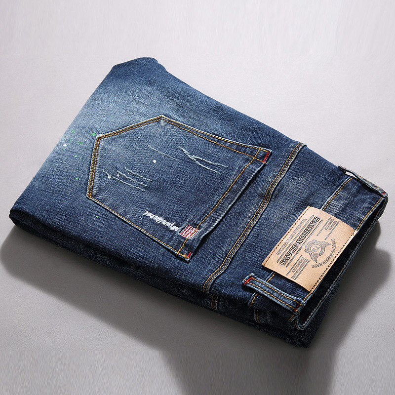 Men's Slim Fit Stretch Jeans – Distressed Embroidered Straight-Leg Denim Pants With Paint Splatter & Patchwork (28-38)_voghion.com