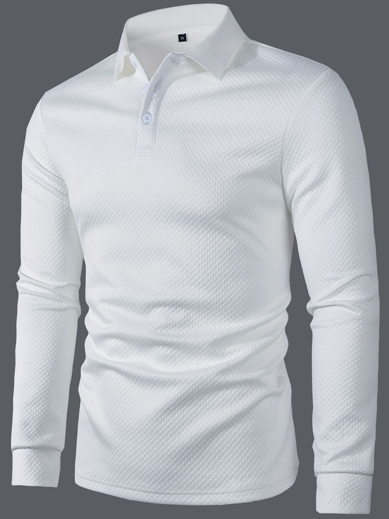 Herrenbekleidung Poloshirt Einfarbig Revers Langarm Enges weißes Oberteil_voghion.com