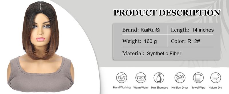 Synthetic Clip-in Ladies Brown Dyed Middle Parted Short Straight Hair Synthetic Wig Bob Inner Curling Wig_voghion.com