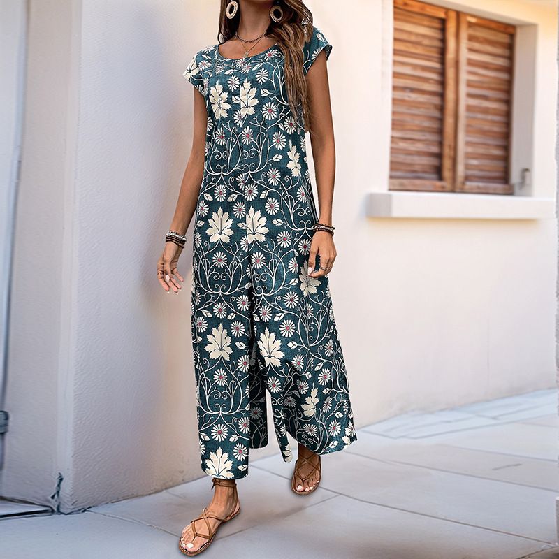 2025 New Summer European And American Casual Cross-Border Retro Floral Print Loose Jumpsuit Long Pants_voghion.com