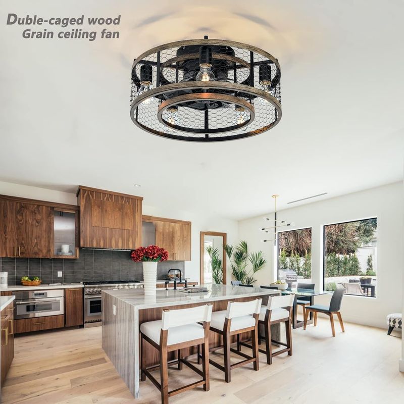 20 Inch Industrial Caged Ceiling Fan With 7-ABS Blades Remote Control, Small Ceiling Fan Reversible DC Motor - Black_voghion.com
