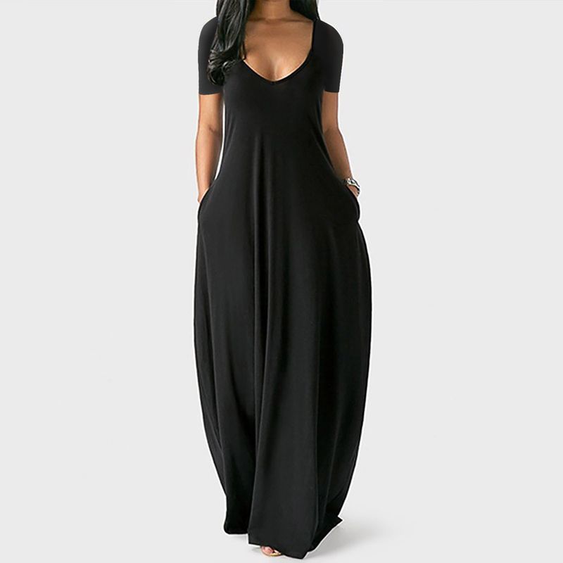2023 Summer New Women's Enfärgad V-ringad kortärmad lång klänning med fickor_voghion.com