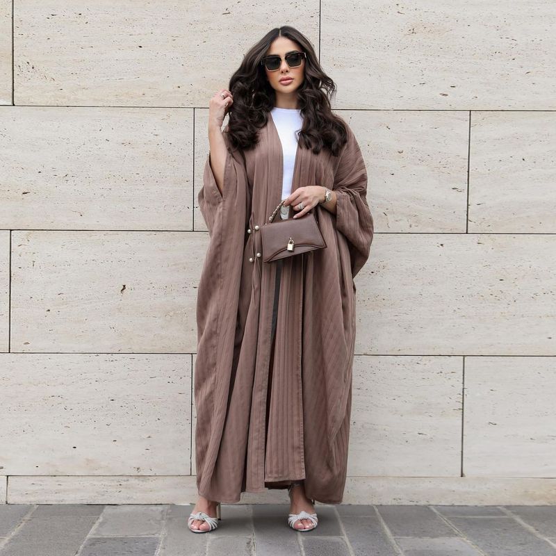 Verve MQ077 Muslim Women's Modest Fashion Turkish Striped Casual Plus Size Abaya Cardigan Robe_voghion.com