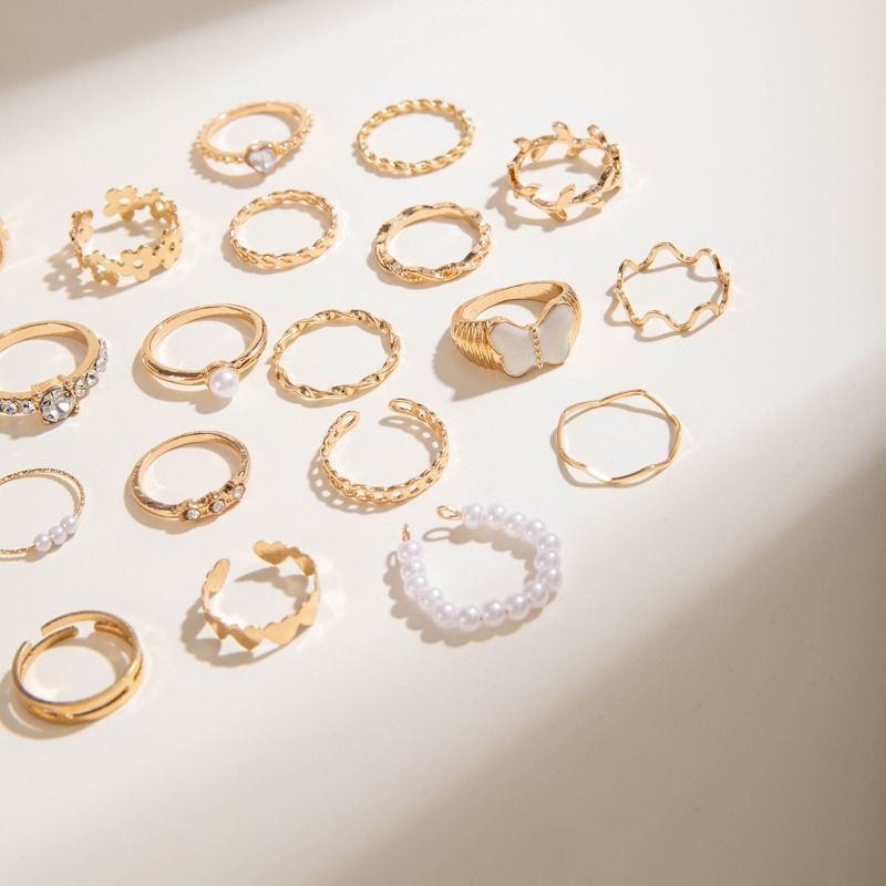 Set di anelli placcati in oro con malocchio e simbolo celeste per donna, 12 anelli impilabili boho con pietre preziose e perle, collezione di gioielli spirituali alla moda_voghion.com