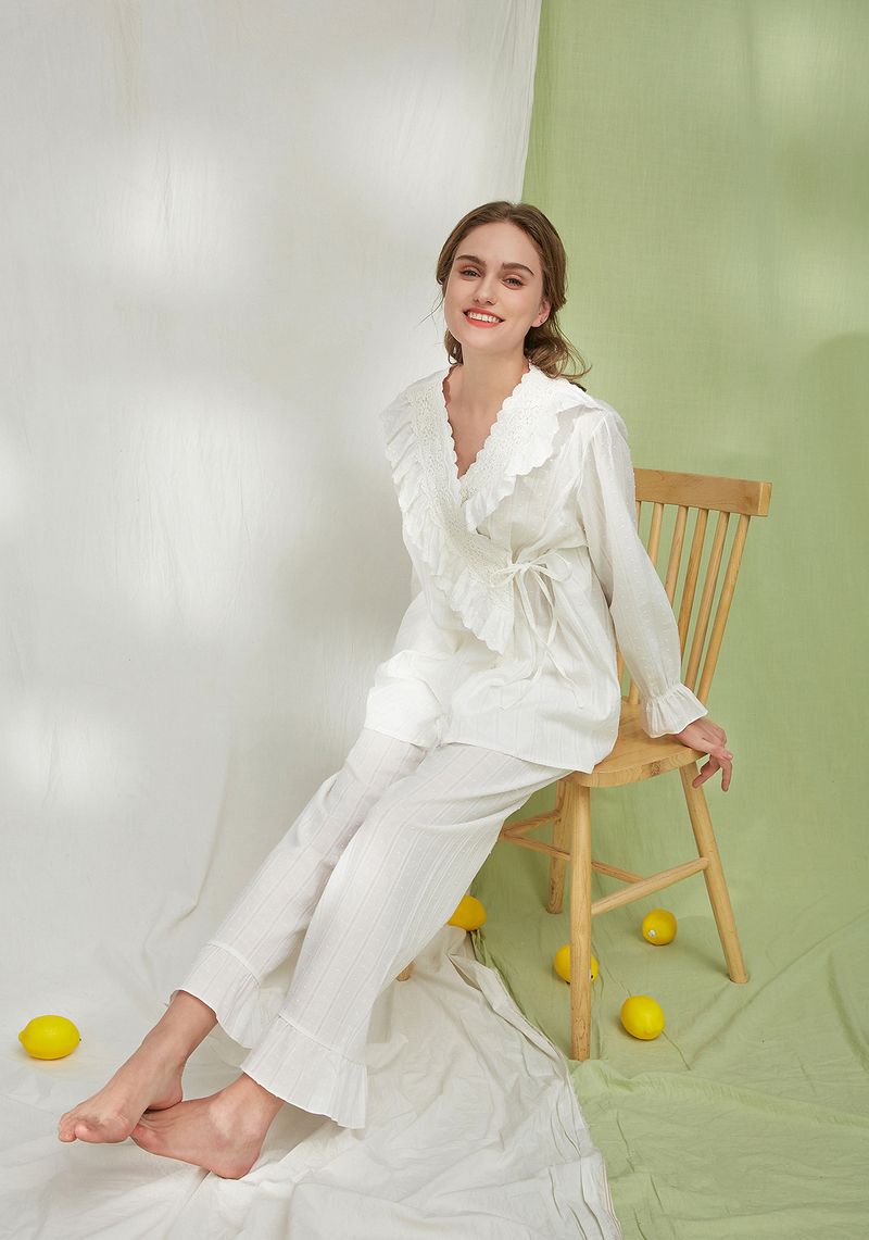 ChicShe Baumwoll-Prinzessinnen-Langarmpyjama-Set für Damen mit Spitzenbesatz, Palaststil, Übergröße, lockere Passform, europäischer Stil_voghion.com