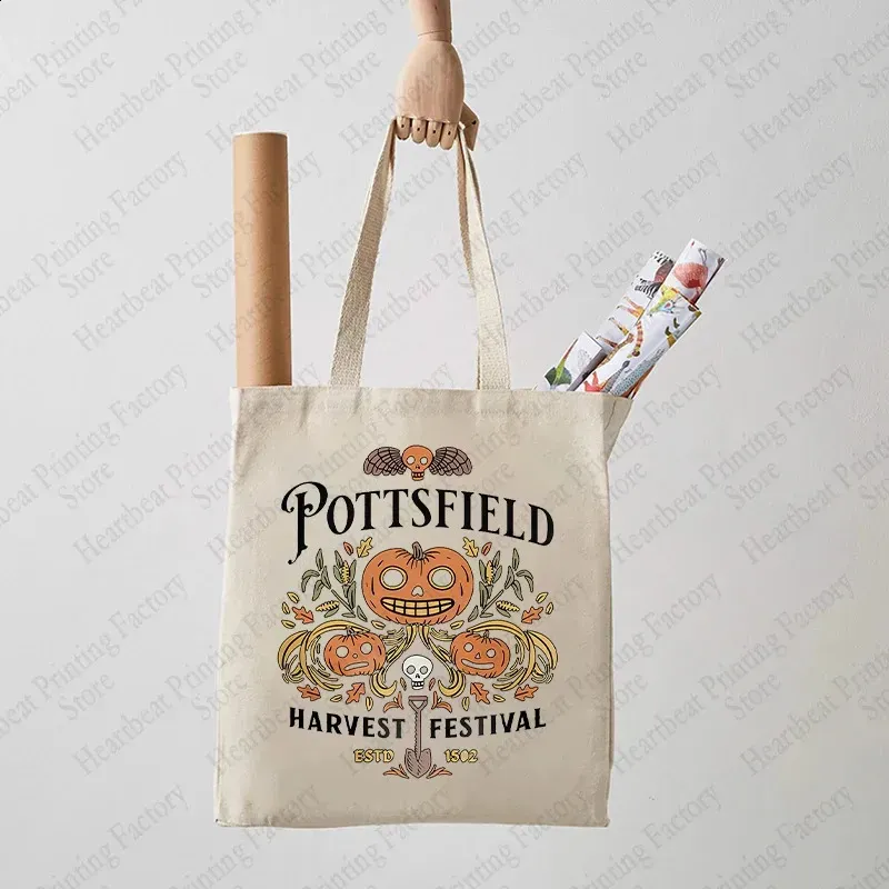 Pottsfield Harvest Festival Pattern Shopping Bags Reusable Vegetables Canvas Tote Bag Shopper Pouch Pumpkin Halloween_voghion.com