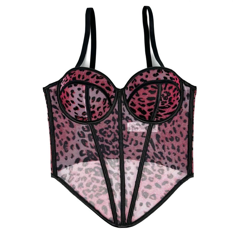Damenbekleidung Sexy Leoparden-Punktmuster-Spleißen-BH Hosenträger High-End-Innennetzspitze Durchsichtige Oberbekleidung Fischgräten-BH_voghion.com