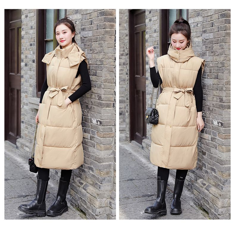Gilet long à capuche et ceinture pour femme, veste matelassée légère, coupe ample et décontractée pour l'hiver, noir/blanc/kaki_voghion.com
