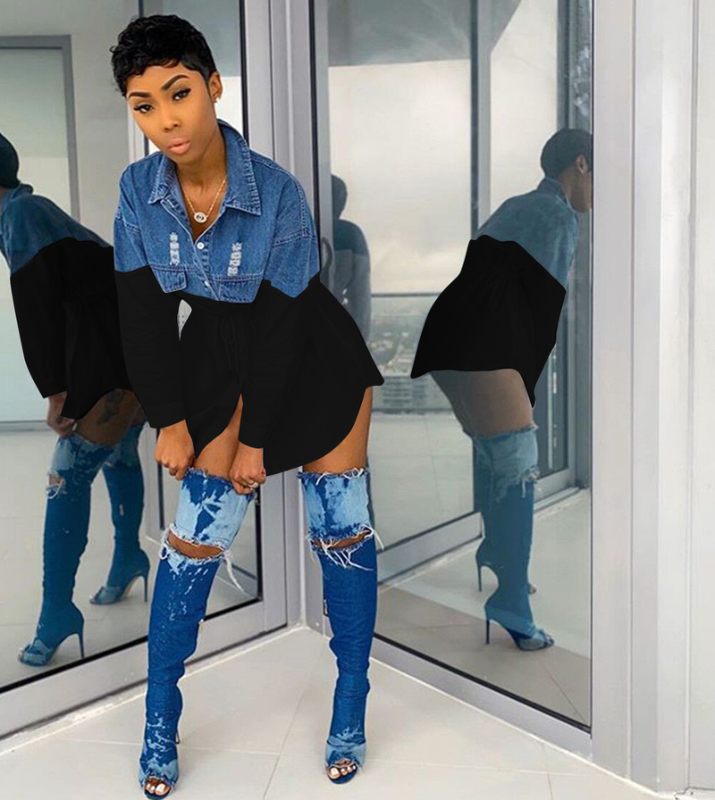 Moda femminile Camicia in denim alla moda con gonna slim fit allacciata_voghion.com