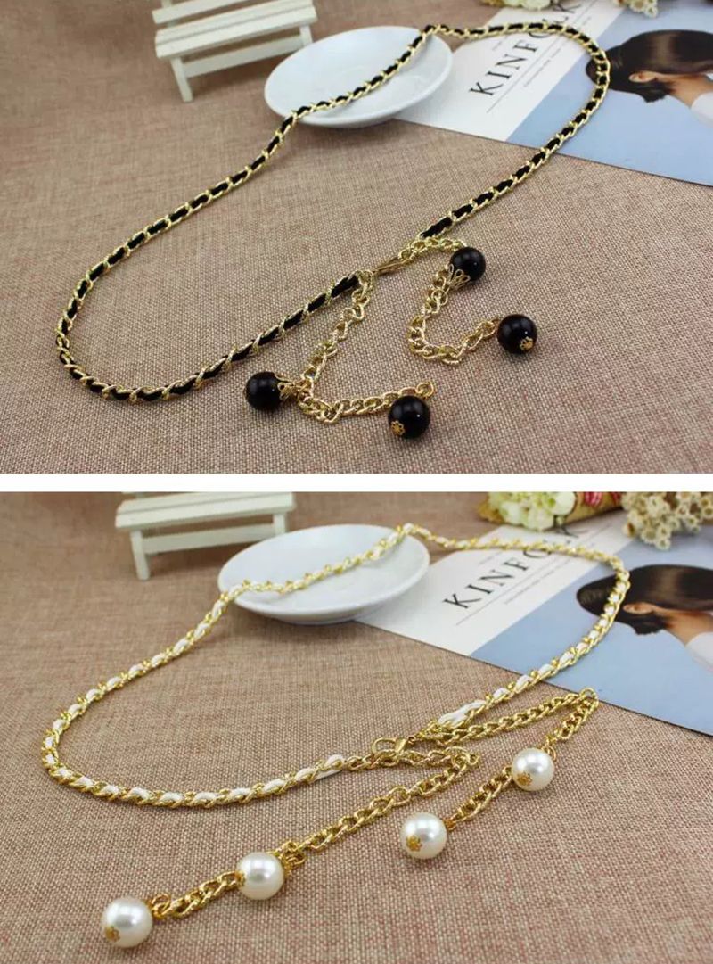 Cintura sottile in vita con perle da donna, cintura decorativa bianca abbinata, cintura in metallo semplice e alla moda in stile coreano per abiti_voghion.com