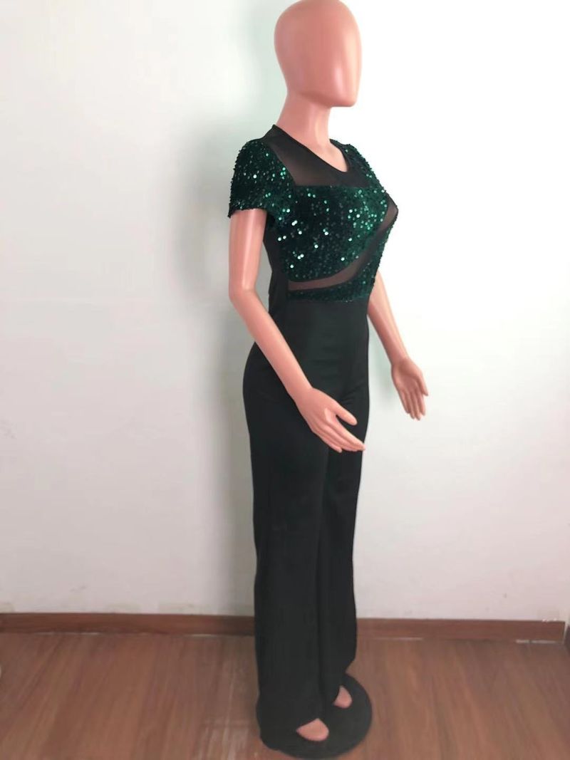 Women's Clothing Sequin Stitching Wide Leg Pants Short Sleeved Jumpsuit_voghion.com