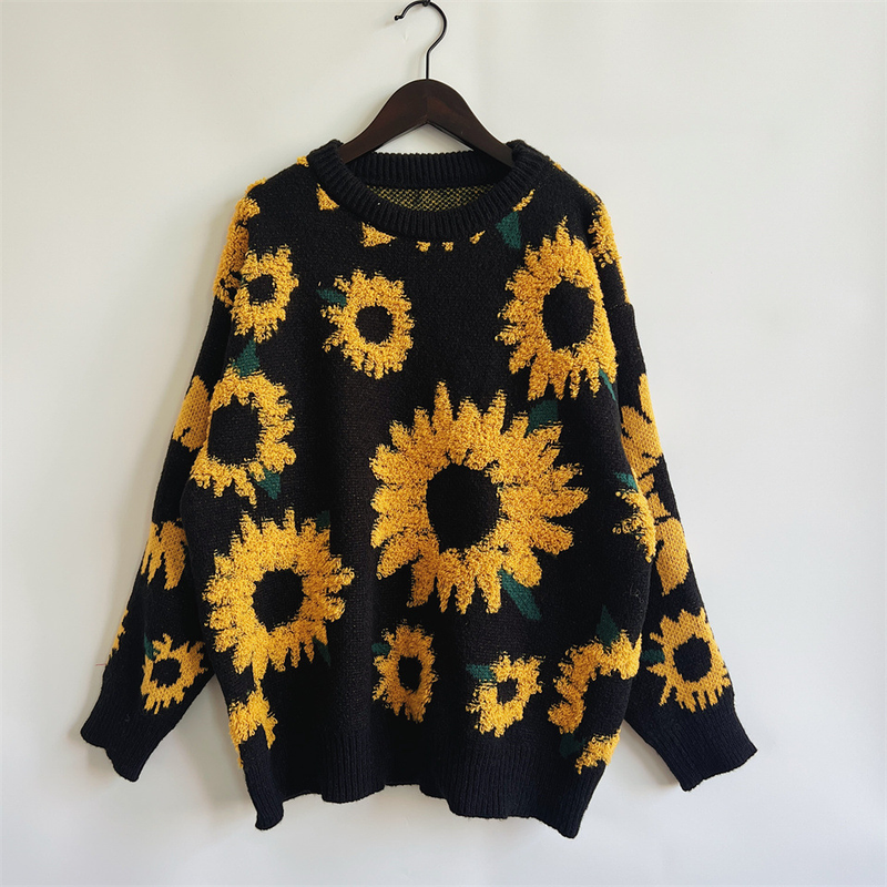 Neue Herbst- und Winteroberteile, Sonnenblumen-Jacquard-Rundhalsausschnitt, langärmeliger Strickpullover_voghion.com