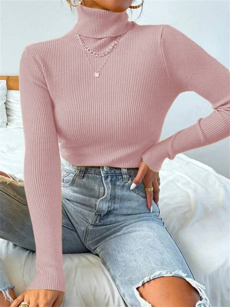 2024 Autumn Winter Women Long Sleeve Knitted Foldover Turtleneck Ribbed Pull Sweater Soft Warm Femme Jumper Pullover Clothes_voghion.com